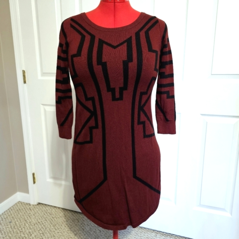 HP🎉 Express Geometric Print Maroon Sweater Dress - Size SP - Picture 2 of 9